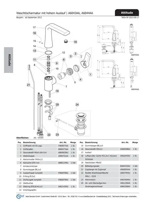 Explosionszeichnung einer Waschtischarmatur von Ideal Standard. Einzelteile wie Auslauf, Griff und Dichtungen schematisch dargestellt, inklusive Artikelnummern und Mengenangaben.